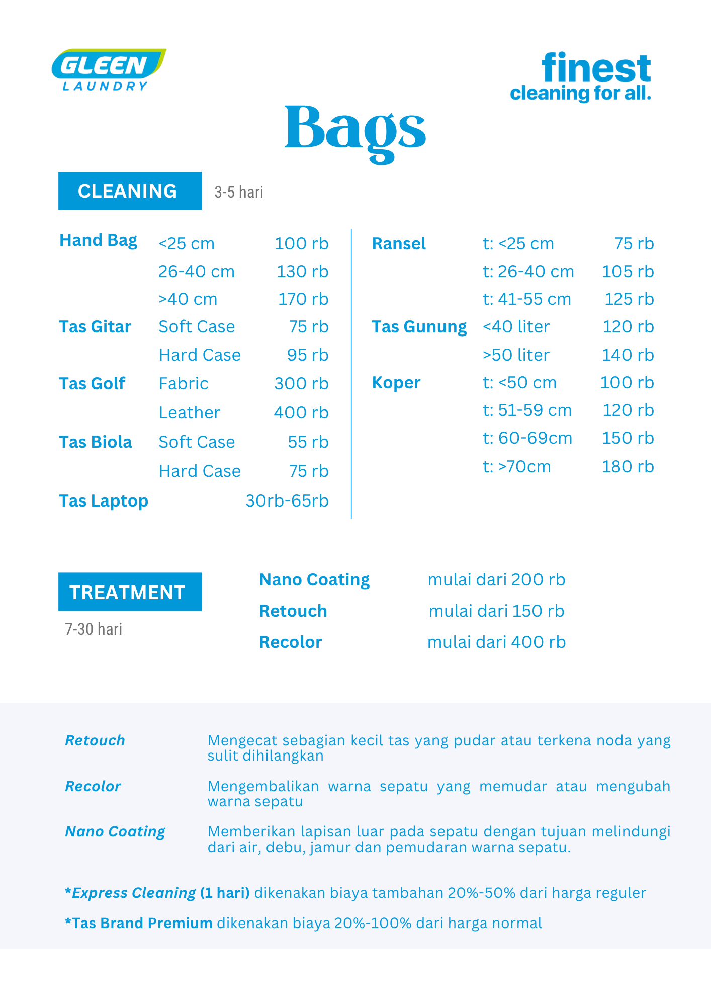 Pricelist Bag Spa - Laundry Tas