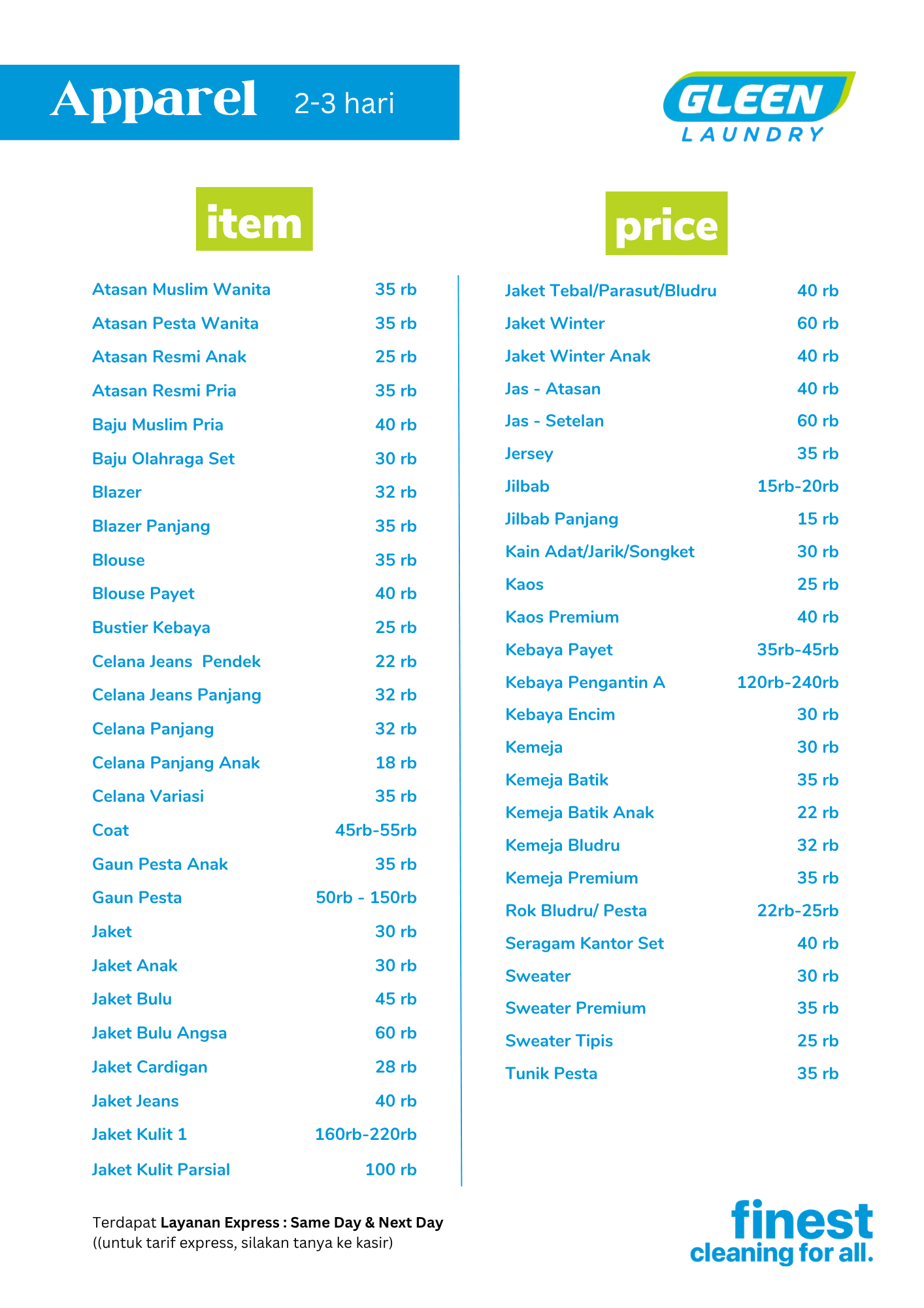 Pricelist Laundry Pakaian Satuan